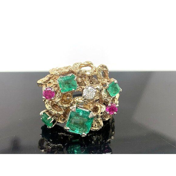 Emerald Diamond Abstract Cocktail Ring 14k Yellow Gold Estate Women's Size 6 - Picture 1 of 15